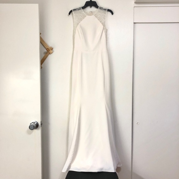 Nouvelle Amsale Bonnie Lace Crepe Illusion Column Wedding Dress Ivory Size 8 - Picture 6 of 12